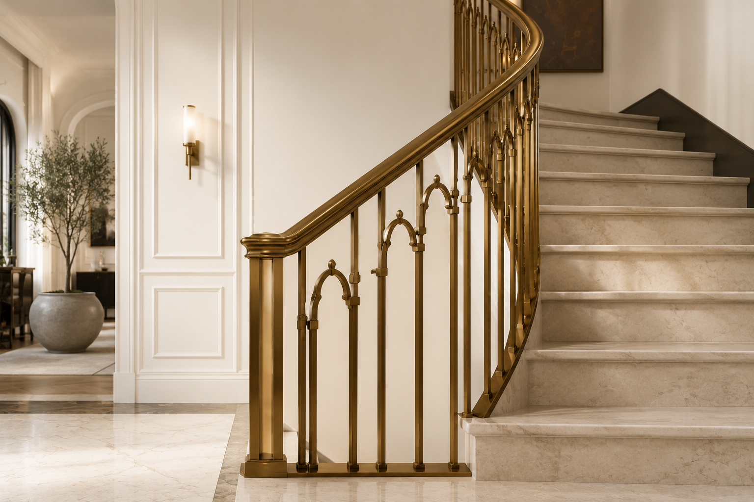 Handcrafted brass staircase detail in a refined interior